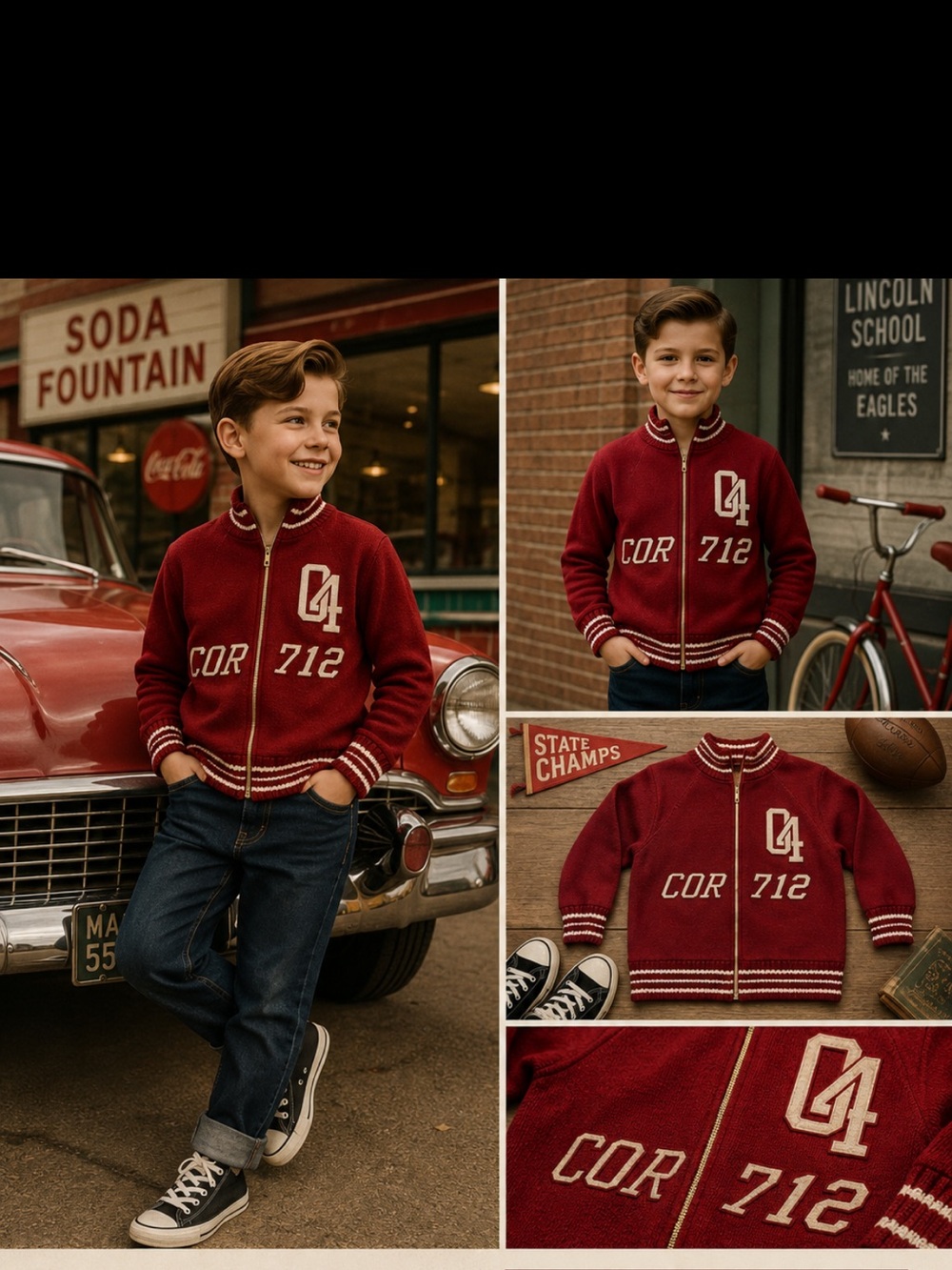 Retro look Kids Zip up sweater collegiate Mad Men 50’s 60’s Grease Varsity